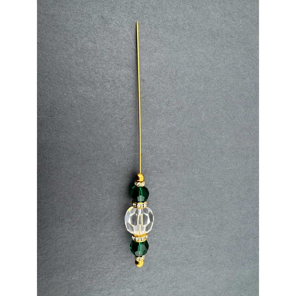 Vintage Gold Tone Hat Pin Emerald Green Clear Faceted Glass Rhinestone